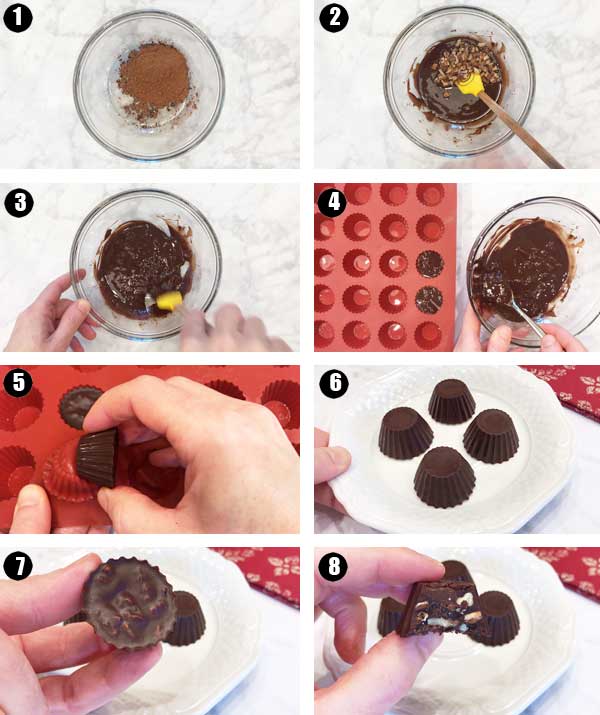 stappenplan voor het maken van gezonde chocolade bonbons met stukjes walnoot